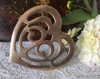 Vintage Solid Brass Heart Trivet, Footed Teapot Stand