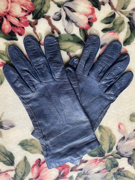 Ladies navy blue leather gloves discount