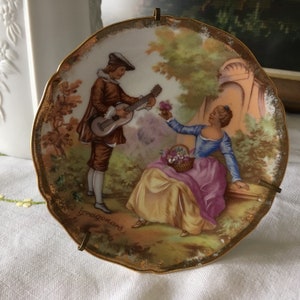 Limoges Fragonard Courting Couple 4&quot; Diameter Plate/Pin/Trinket Dish with 3D Effect Flowers and Thick Gold Trim by Porcelain d&#39;Art