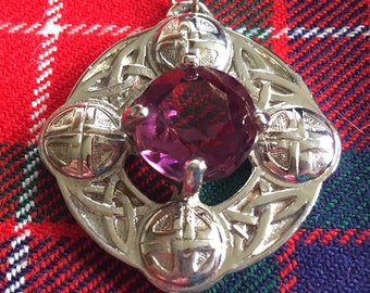 Celtic Design Scottish Pendant with Faux Amethyst Cut Glass Stone Set in Silver Tone Metal.