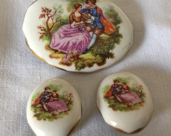 Fragonard Courting Couple Ceramic Brooch and Earring Set.