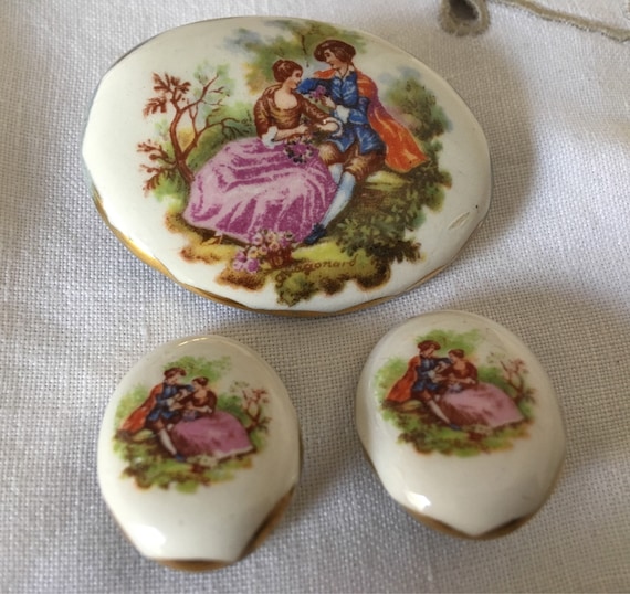 Fragonard Courting Couple Ceramic Brooch and Earring Set.