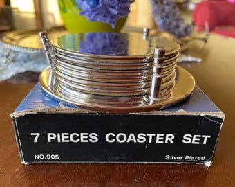 Ornate Silver Plated Coaster Set. Six Coasters with Matching