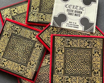 Posavasos con diseño celta, negros, dorados y rojos, hechos a mano en Escocia, juego de 6