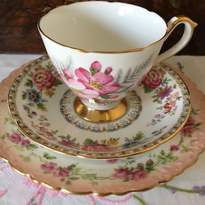 Mismatched/Mixed English China Trio - Delphine Tea Cup,  Grafton Saucer and Aynsley Side Plate.  Pretty Floral Shades of Pink.