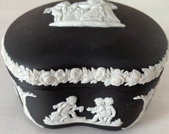 Wedgwood Black Jasperware Lidded Trinket Dish/Candy Dish with Raised Greek Mythological Figures. Made in England.