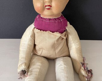Couple De Poupées Anciennes Type Lenci / Eros, Italie 1950 - Visage Peint, Tissu H22cm