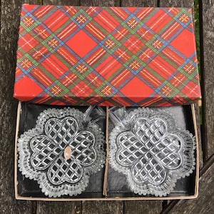 Two Cut Glass Shamrock Butter/Trinket/Jam Dishes. Still in Original Tartan Box.