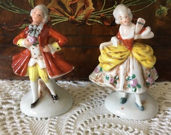 Vintage Miniature Porcelain Victorian Gentleman and Lady Figurine Ornaments.  Made In Germany.