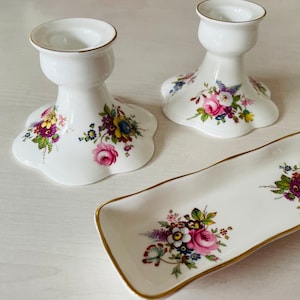 Pair Hammersley Candlestick Holders and Matching Trinket Dish. Vintage English Bone China Dressing Table/Vanity Set. Pretty Floral Design
