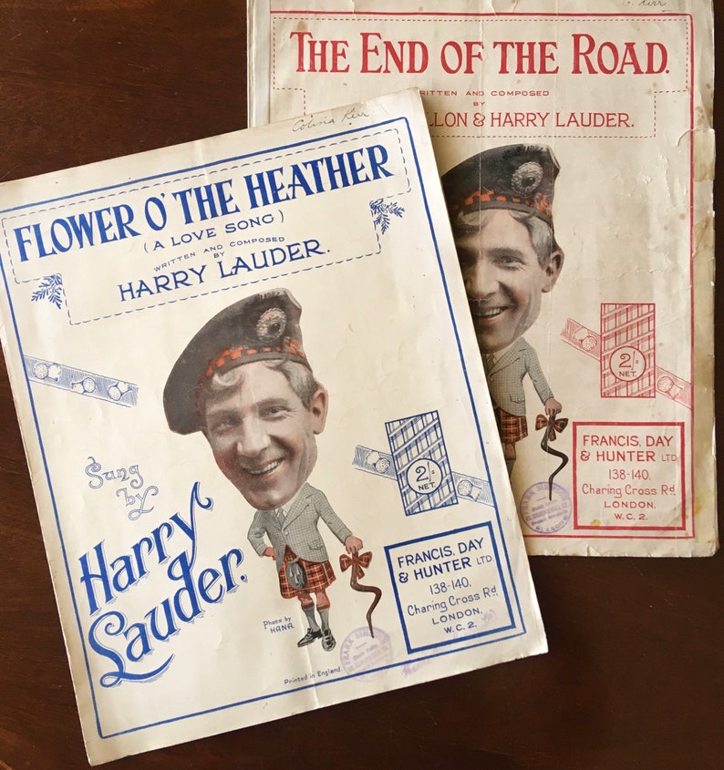 1920s Harry Lauder Sheet Music The End of The Road and Flower O' The Heather A Love Song. Portrait Photographs by Hanna London. image 1