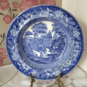 Antique Opaque Blue and White China Bowl. 19th Century Scenic Transfer Bowl 10&quot; Diameter
