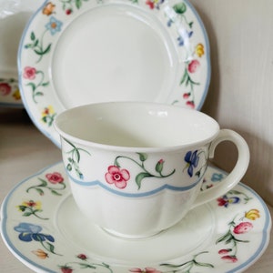 Villeroy & Boch MARIPOSA Trio Set (Cup, Saucer and Side Plate).  Pretty Floral Design in Pastel Colours on White Background.