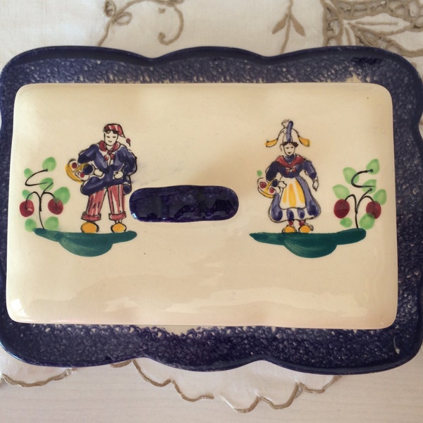 Vintage Trouville Covered Butter Dish - Made In France - Blue and White with Dutch Boy and Girl Theme