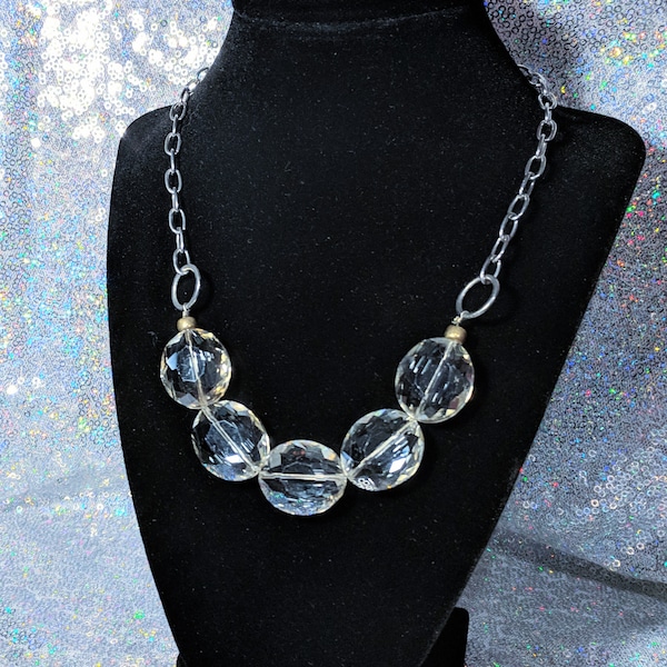Vintage 1960's Lucite Necklace * Champagne Colored Faceted Lucite Crystals * Silver Link Chain * Adjustable Length from Choker to 18 inch