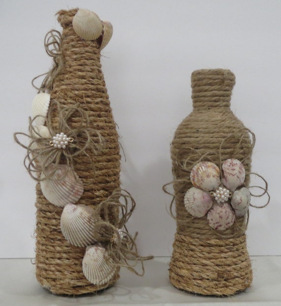 Set Of 2 Decorated Wine Bottles Jute Wrapped Seashells And Etsy