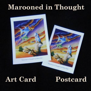 Postkarten, Kunstkarten der surrealen Prismacolor Marooned in Gedanken; kastanienbrauner gelb rot blau grün Fisch Sonnenuntergang Abbildung, mailing-Karten, Freundschaft