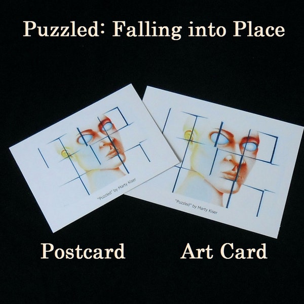 Postcards, art cards; Puzzled, Falling into Place; surreal prismacolor yellow red blue mask block jigsaw puzzle drawing human head face mail