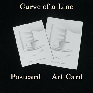 Ansichtkaarten, kunst kaarten; Curve van een lijn; conceptuele kunst moderne realisme; koffie theekopje huis keuken thee zwart witte serene, mail wenskaart