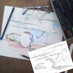 Op de afbeelding: Een zwart-witte lijntekening van een vierkante ballon met een lange staart, die in de lucht zweeft boven een ronde ballon met een lange, kleurrijke, gepatroneerde staart. De tekening is op een wit vel papier met een lichtblauwe achtergrond. De tekst "Square Balloon" is onderaan de pagina gedrukt.
