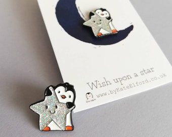 Penguin Mini Enamel Pin - Glitter Star Brooch