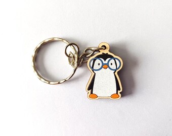 Penguin in glasses keyring, mini wooden key fob, penguin key chain, eco friendly charm, responsibly resourced wood