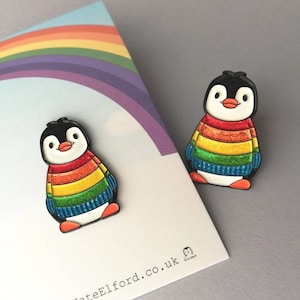 Rainbow glitter penguin soft enamel pin, Christmas rainbow penguin brooch. Rainbow jumper, boo the penguin