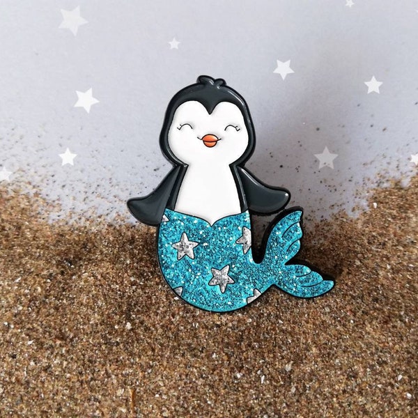 Little penguin mermaid enamel pin. Stars and glitter. Penguin glitter enamel pin.