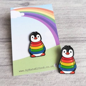 Rainbow penguin soft enamel pin, penguin brooch. Rainbow jumper, boo the penguin