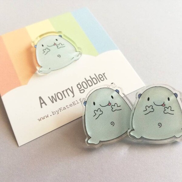 A worry gobbler recycled acrylic pin, cute blue blob, positive badge, friendship, care, supportive gift