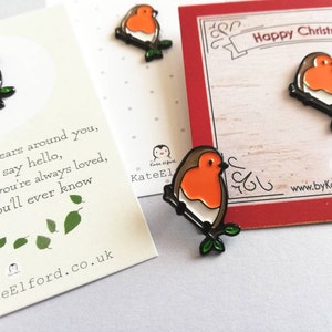 Little robin enamel pin, mini Christmas pin, memory robin, choice of backing cards