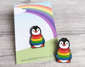 Rainbow penguin soft enamel pin, penguin brooch. Rainbow jumper, boo the penguin