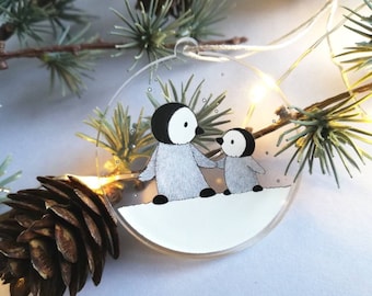 Penguin Christmas Ornament - Two Penguin Chicks in Snow