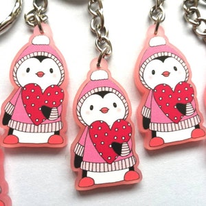 Pink penguin and heart acrylic keyring
