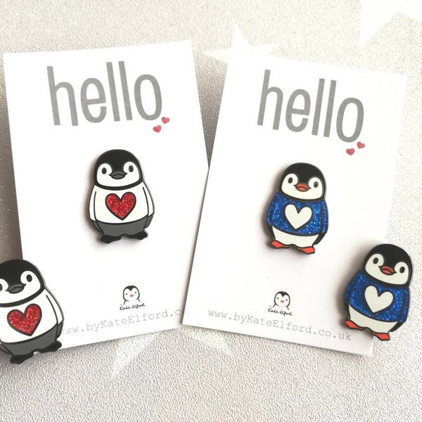 Penguin enamel pin, hello, glitter heart penguin chick, red and blue sparkly heart jumper badge, hard enamel brooch, sliver enamel badges