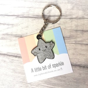 A little bit of sparkle keyring, cute silver star, positive enamel key fob, friendship, supportive, glitter, enamel key chain