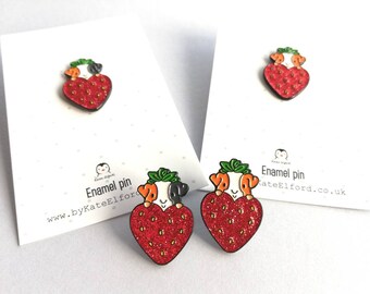 Guinea pig enamel pins, strawberry heart enamel badge, guinea pig glitter brooch, tri colour, ginger cavy badges