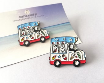 Penguin ice cream van enamel pin, road trip, Wilf the penguin badge, cute truck pins, soft enamel lolly brooch pins