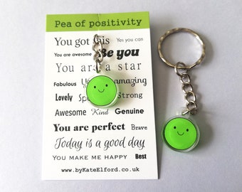 Pea of Positivity Keyring - Mini Cute Happy Charm, Positive Key Fob, Friendship, Supportive, Recycled Acrylic