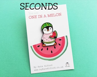 SECONDS Watermelon penguin soft enamel pin, penguin brooch. You are one in a melon. Positive, cheer up gift