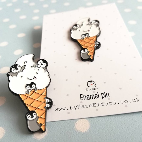 Penguins and ice cream enamel pin. Penguin chicks and happy ice cream enamel pin.