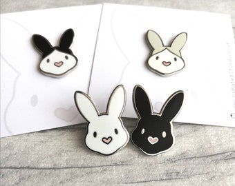 Rabbit enamel pins. Enamel badge. Enamel bunny brooch with pink heart shaped nose. Black, white, grey and white, black and white rabbits