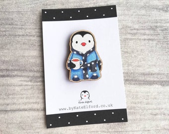 Wooden Penguin Small Magnet - Cup Of Tea In A Dressing Gown