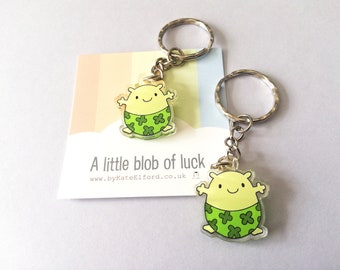 A little blob of luck keyring, mini good luck key fob, four leaf clover, postable, supportive, care recycled acrylic