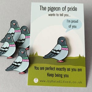 A set of pigeon enamel pins in shades of grey, light blue, pink, and green, alongside a card. The card reads "The pigeon of pride wants to tell you... I'm proud of you. You are perfect exactly as you are. Keep being you."