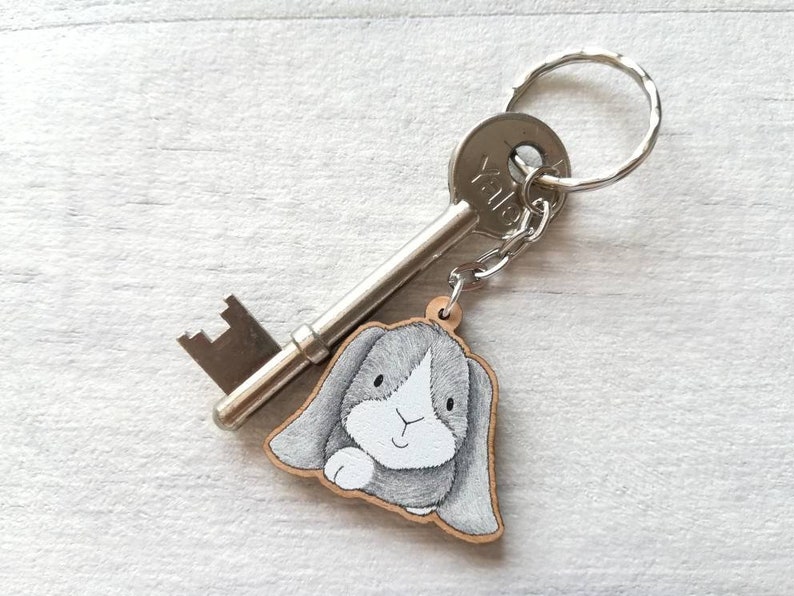 Rabbit keyring wooden grey bunny key fob rabbit key chain Etsy