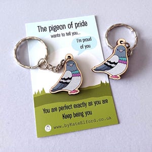 May include: Two wooden pigeon keyrings with silver rings. The pigeons are grey, white, and pink with a blue and purple wing design. A card behind the keyrings reads "The pigeon of pride wants to tell you... I'm proud of you."