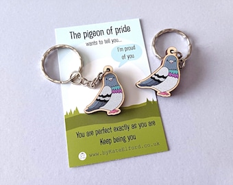 Mini Pigeon of Pride Keyring - Mini Wooden Pigeon Key Fob, Eco Friendly Wood, Positive Gift