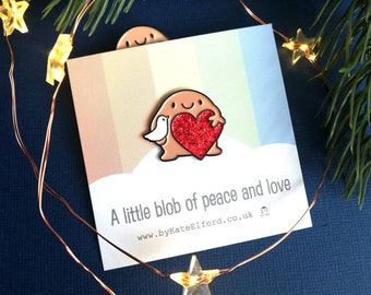 A little blob of peace and love enamel pin, cute happy blob, dove and heart, positive enamel brooch, friendship, supportive enamel badges