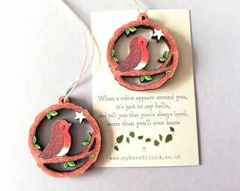 Small robin decoration. Little robin ornament, when a robin appears. Made from responsibly resourced wood.